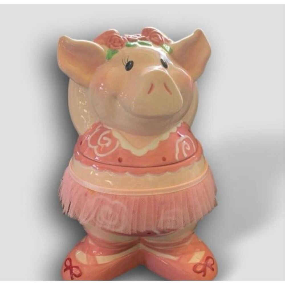 Tutu Piggie Cookie Jar Hand Painted Ceramic Pink Cutesy Ballerina NEW IN BOX
